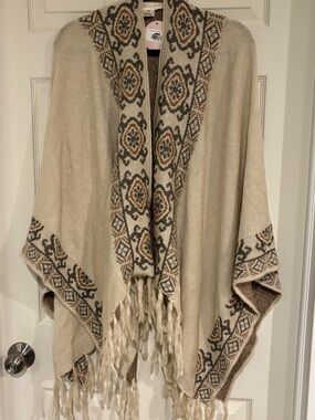 lovestitch Beige Fringe Poncho with Patterned Trim